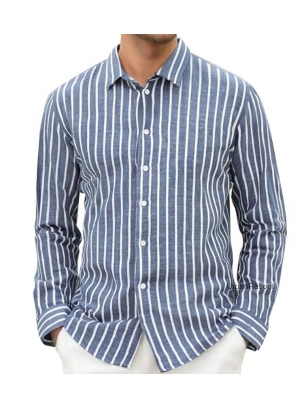 Men's Linen Short Sleeve Button Down Shirt Cotton Striped Casual Top